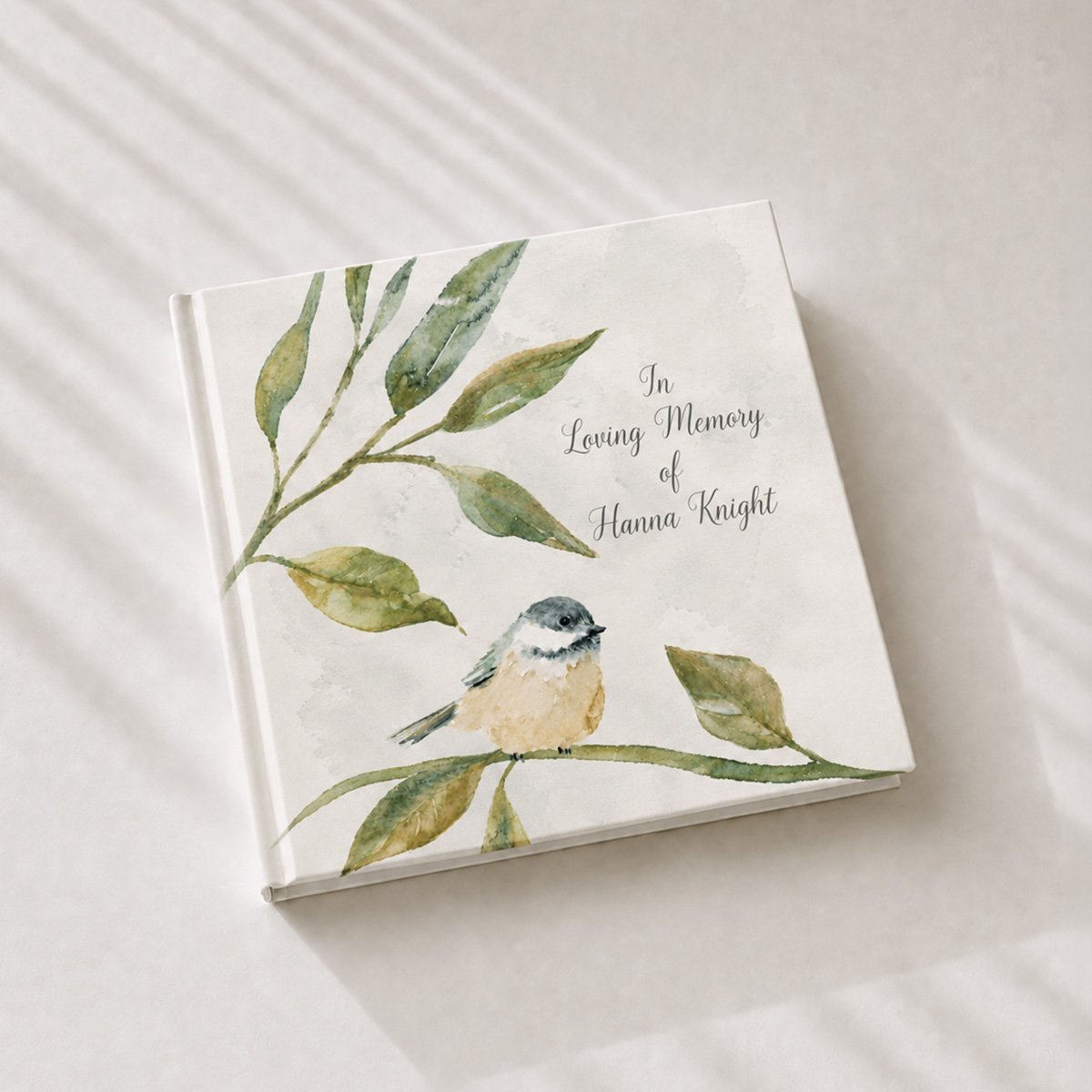Memorial memory book with botanical bird design